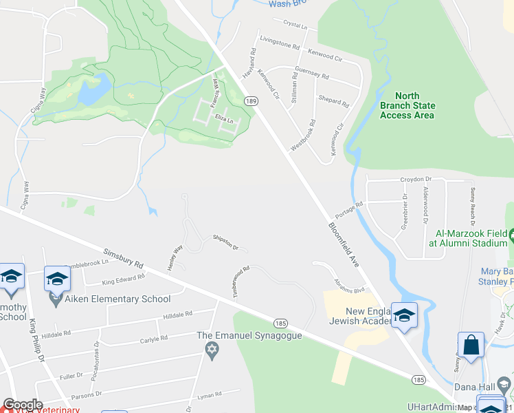 map of restaurants, bars, coffee shops, grocery stores, and more near 375 Bloomfield Avenue in West Hartford