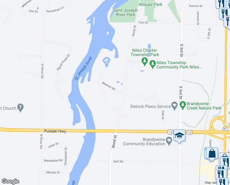 map of restaurants, bars, coffee shops, grocery stores, and more near 70 Beeson Road in Niles