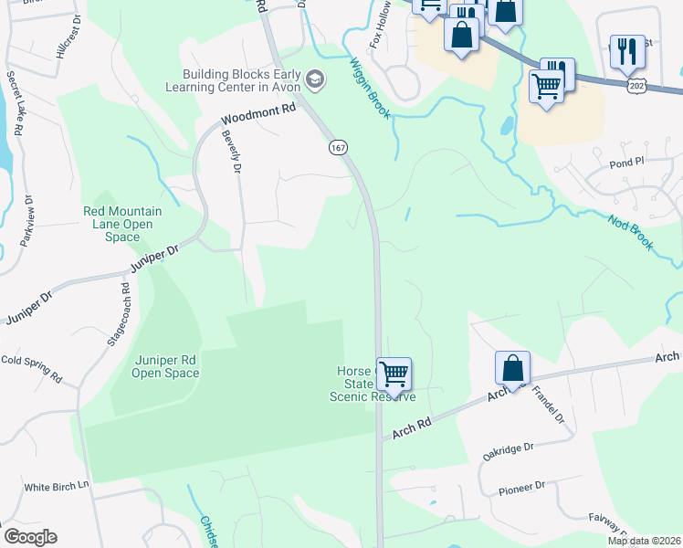 map of restaurants, bars, coffee shops, grocery stores, and more near 187 West Avon Road in Avon