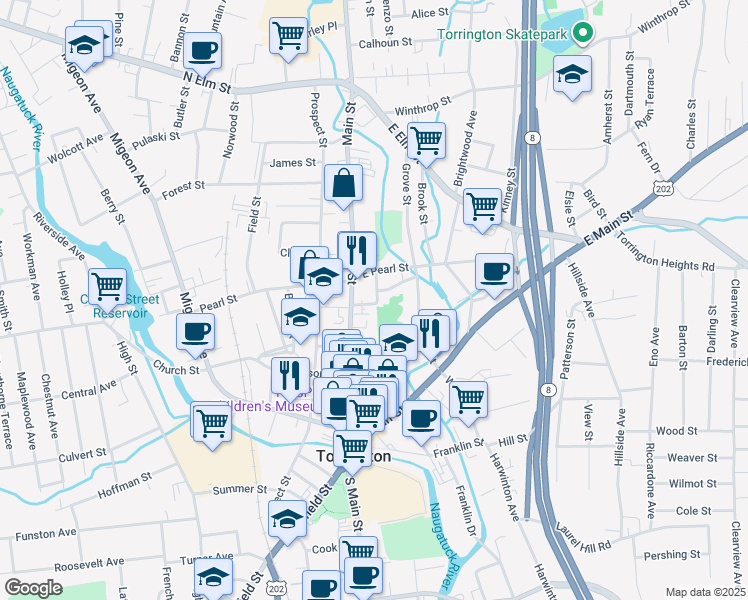 map of restaurants, bars, coffee shops, grocery stores, and more near 26 Alvord Street in Torrington