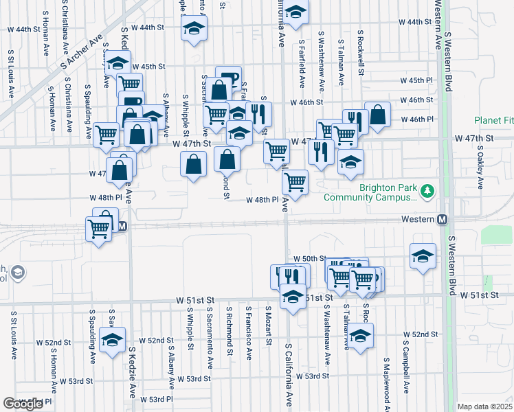 map of restaurants, bars, coffee shops, grocery stores, and more near 2845 West 48th Place in Chicago