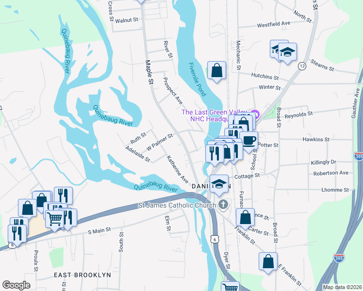 map of restaurants, bars, coffee shops, grocery stores, and more near 90 Katherine Avenue in Killingly
