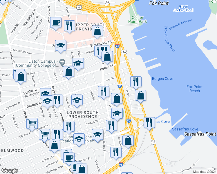 map of restaurants, bars, coffee shops, grocery stores, and more near 200 Swan Street in Providence