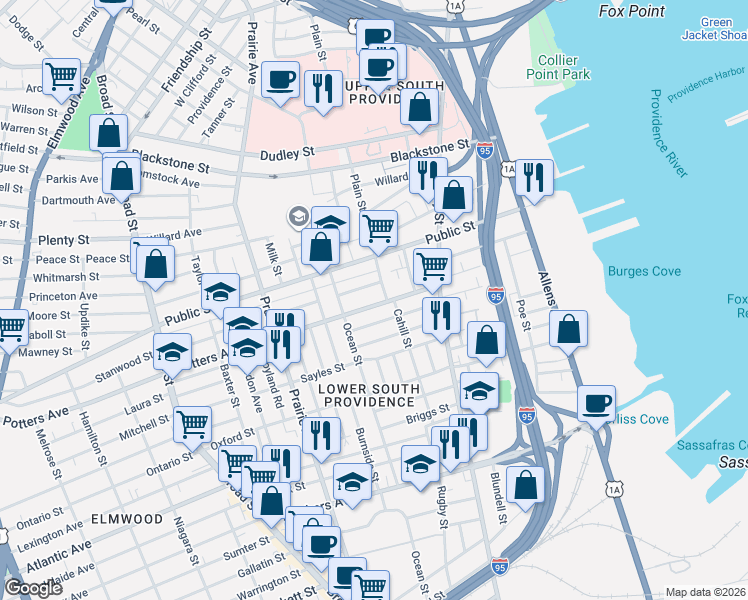 map of restaurants, bars, coffee shops, grocery stores, and more near 94 Potters Avenue in Providence
