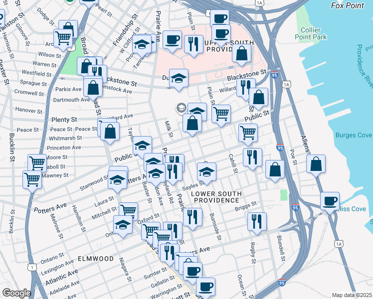 map of restaurants, bars, coffee shops, grocery stores, and more near 40 Reynolds Avenue in Providence