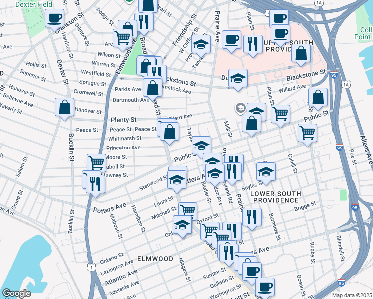 map of restaurants, bars, coffee shops, grocery stores, and more near 493 Public Street in Providence