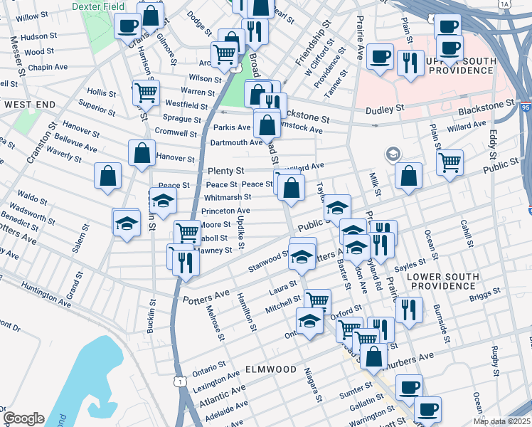 map of restaurants, bars, coffee shops, grocery stores, and more near 37 Moore Street in Providence