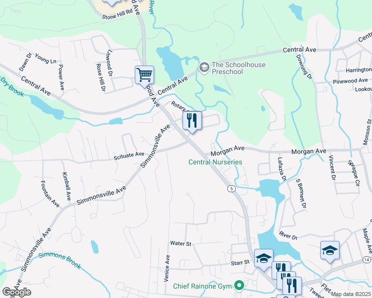 map of restaurants, bars, coffee shops, grocery stores, and more near 20 Scituate Avenue in Johnston