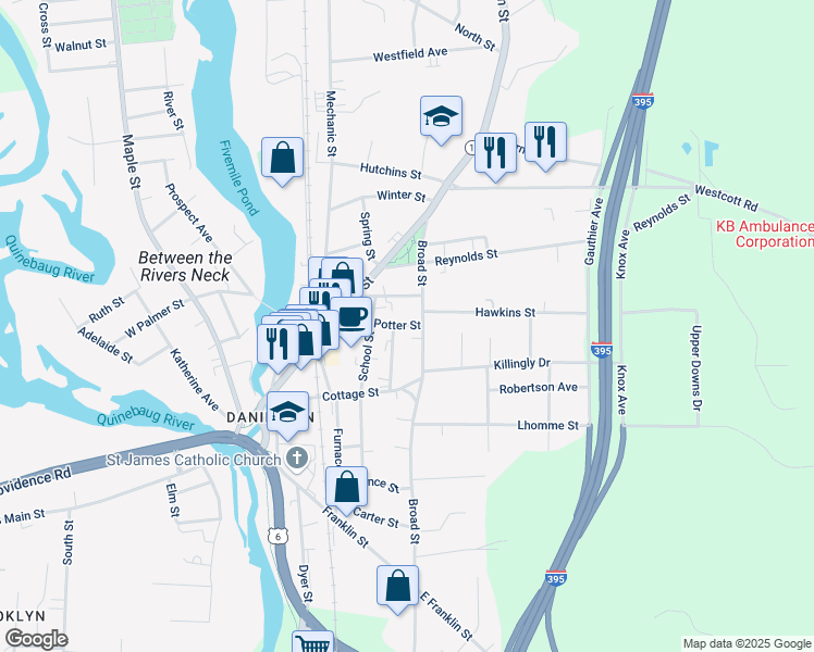map of restaurants, bars, coffee shops, grocery stores, and more near 219 Broad Street in Killingly