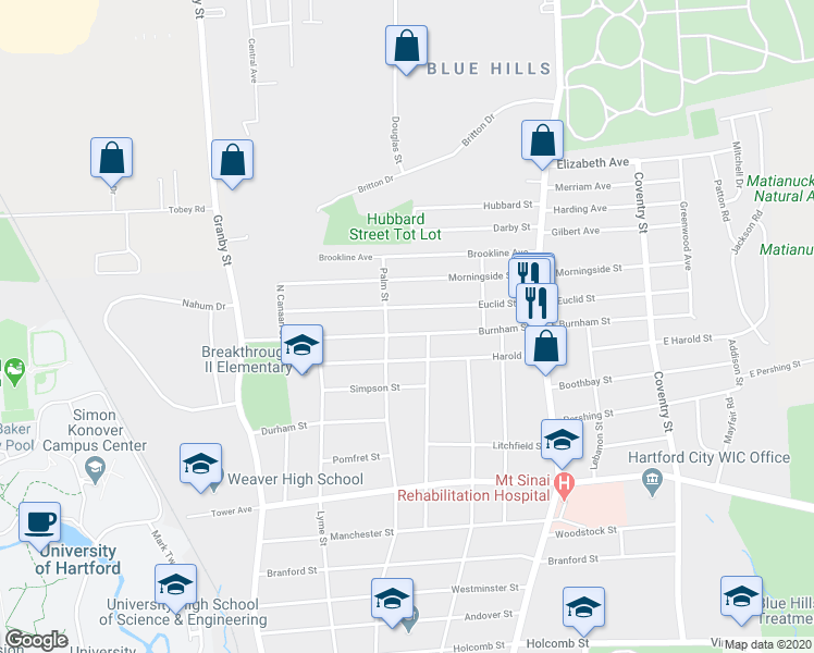 map of restaurants, bars, coffee shops, grocery stores, and more near 105 Burnham Street in Hartford