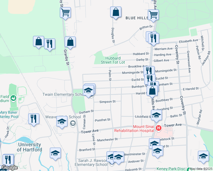 map of restaurants, bars, coffee shops, grocery stores, and more near in Hartford