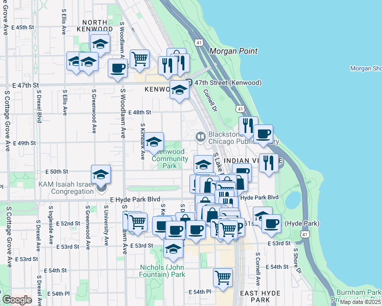 map of restaurants, bars, coffee shops, grocery stores, and more near 4926 South Blackstone Avenue in Chicago