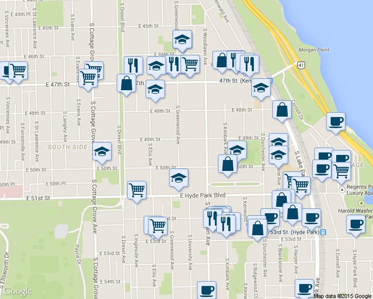 map of restaurants, bars, coffee shops, grocery stores, and more near 4935 South Greenwood Avenue in Chicago