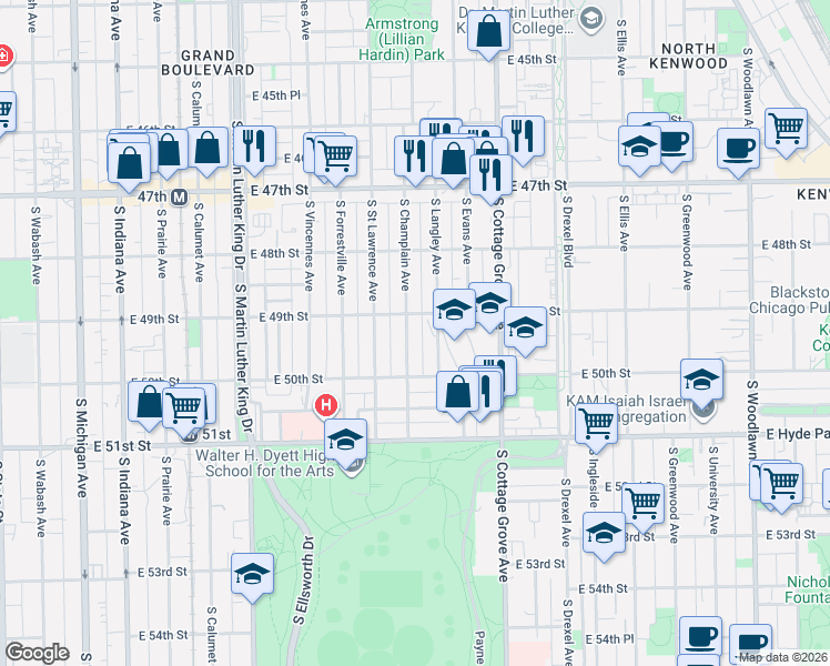 map of restaurants, bars, coffee shops, grocery stores, and more near 4926 South Champlain Avenue in Chicago