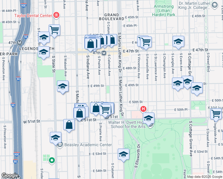 map of restaurants, bars, coffee shops, grocery stores, and more near 4921 South Calumet Avenue in Chicago