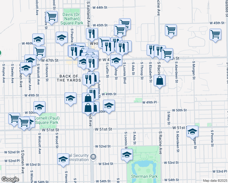 map of restaurants, bars, coffee shops, grocery stores, and more near 4858 South Bishop Street in Chicago