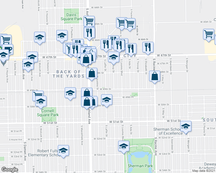 map of restaurants, bars, coffee shops, grocery stores, and more near 4858 South Bishop Street in Chicago