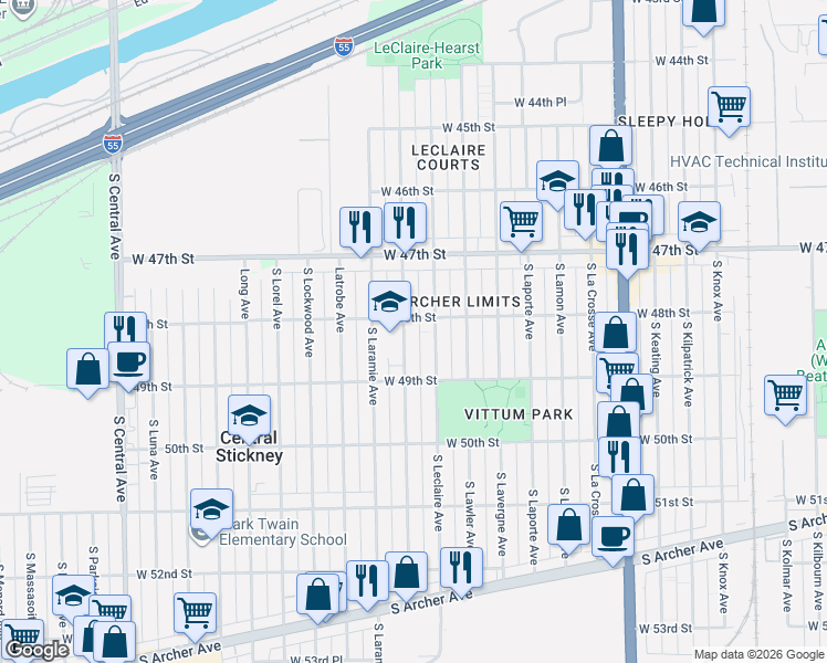 map of restaurants, bars, coffee shops, grocery stores, and more near 4821 South Leamington Avenue in Chicago