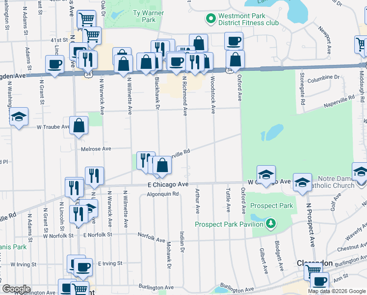 map of restaurants, bars, coffee shops, grocery stores, and more near 225 North Richmond Avenue in Clarendon Hills