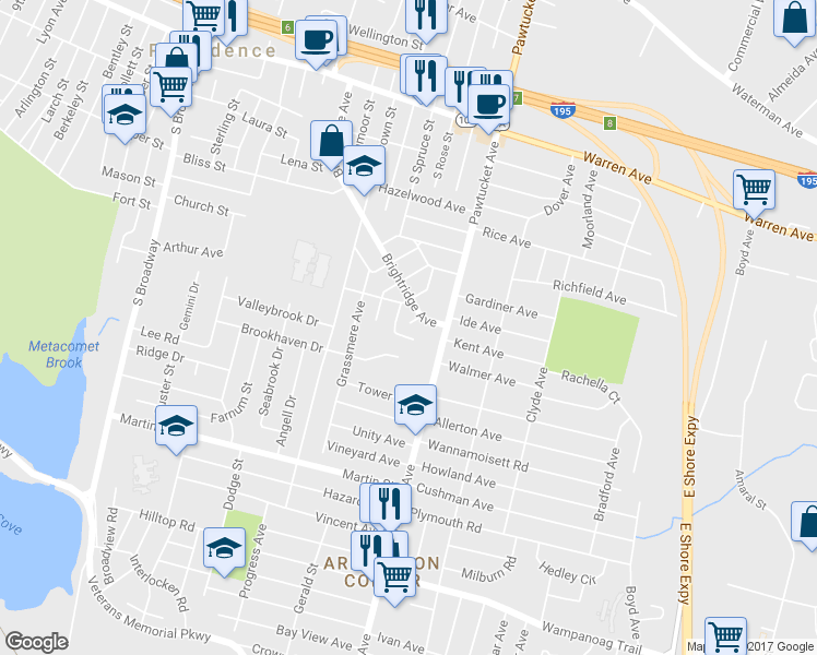 map of restaurants, bars, coffee shops, grocery stores, and more near 10 Heath Court in East Providence