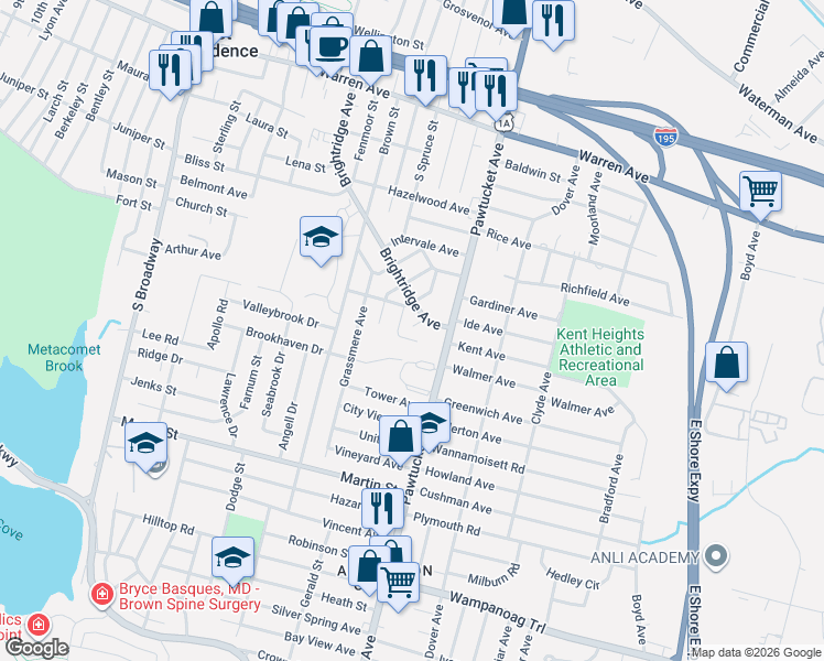 map of restaurants, bars, coffee shops, grocery stores, and more near 10 Heath Court in East Providence