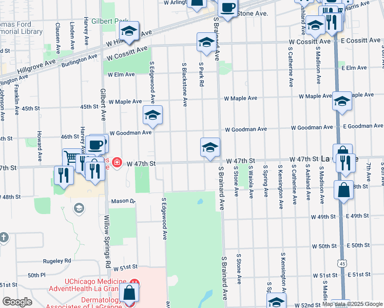map of restaurants, bars, coffee shops, grocery stores, and more near 443 Blackstone Avenue in La Grange