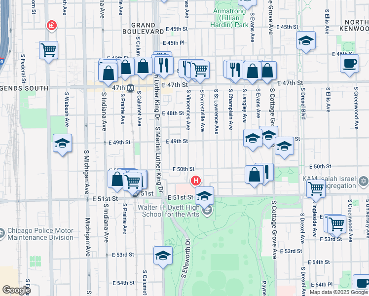 map of restaurants, bars, coffee shops, grocery stores, and more near 4910 South Vincennes Avenue in Chicago