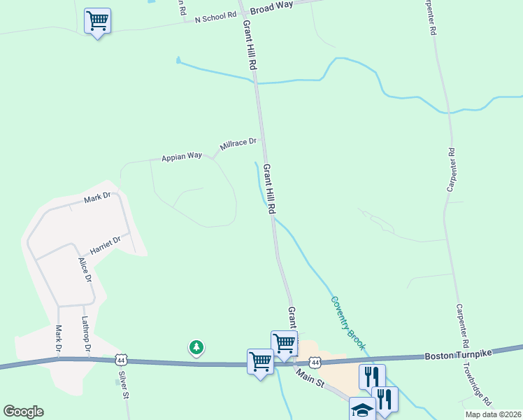 map of restaurants, bars, coffee shops, grocery stores, and more near 233 Grant Hill Road in Coventry