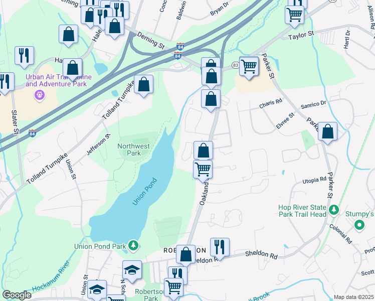 map of restaurants, bars, coffee shops, grocery stores, and more near 360 Oakland Street in Manchester