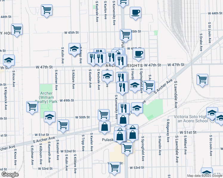 map of restaurants, bars, coffee shops, grocery stores, and more near 4815 South Karlov Avenue in Chicago