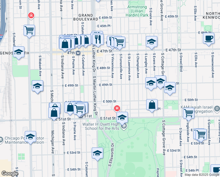 map of restaurants, bars, coffee shops, grocery stores, and more near 4925 South Washington Park Court in Chicago