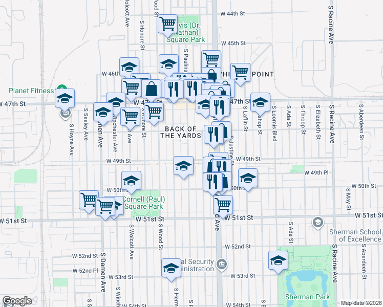 map of restaurants, bars, coffee shops, grocery stores, and more near 4849 South Paulina Street in Chicago