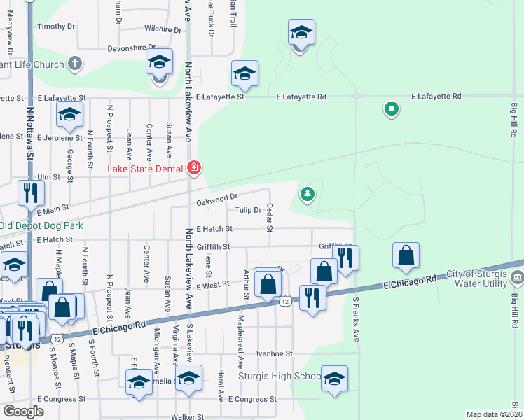 map of restaurants, bars, coffee shops, grocery stores, and more near 1201 Tulip Drive in Sturgis