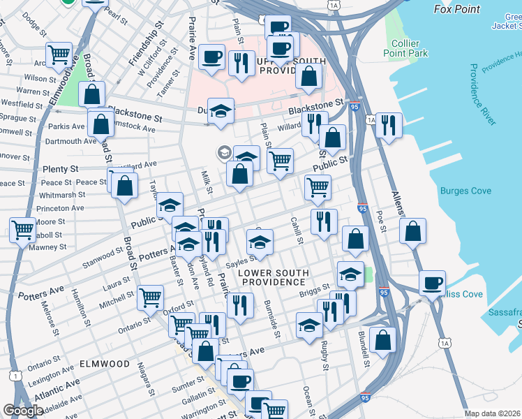 map of restaurants, bars, coffee shops, grocery stores, and more near 94 Potters Avenue in Providence