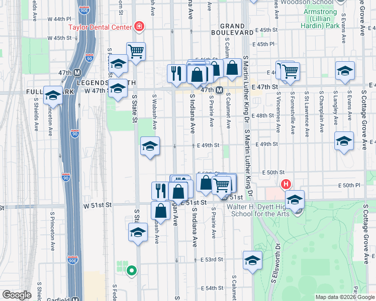 map of restaurants, bars, coffee shops, grocery stores, and more near 4906 South Indiana Avenue in Chicago