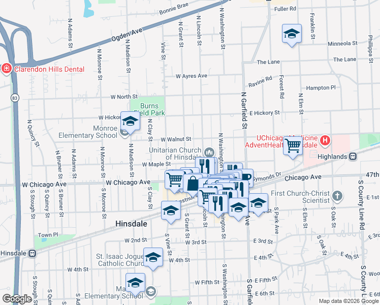 map of restaurants, bars, coffee shops, grocery stores, and more near 108 North Lincoln Street in Hinsdale