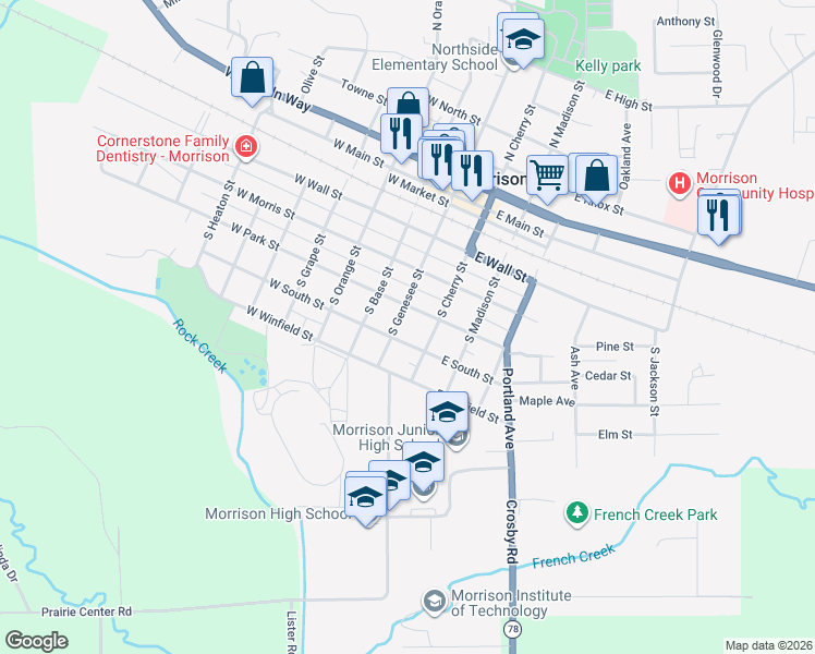 map of restaurants, bars, coffee shops, grocery stores, and more near 104 East South Street in Morrison