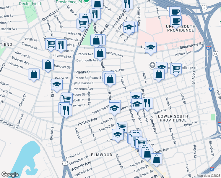 map of restaurants, bars, coffee shops, grocery stores, and more near 688 Broad Street in Providence