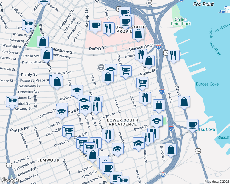 map of restaurants, bars, coffee shops, grocery stores, and more near 38 Burnside Street in Providence