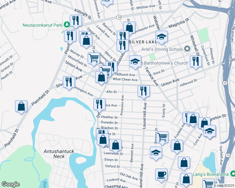 map of restaurants, bars, coffee shops, grocery stores, and more near 230 Farmington Avenue in Cranston