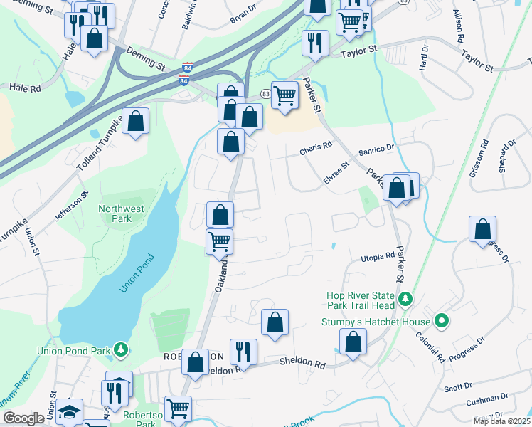 map of restaurants, bars, coffee shops, grocery stores, and more near 337 Oakland Street in Manchester