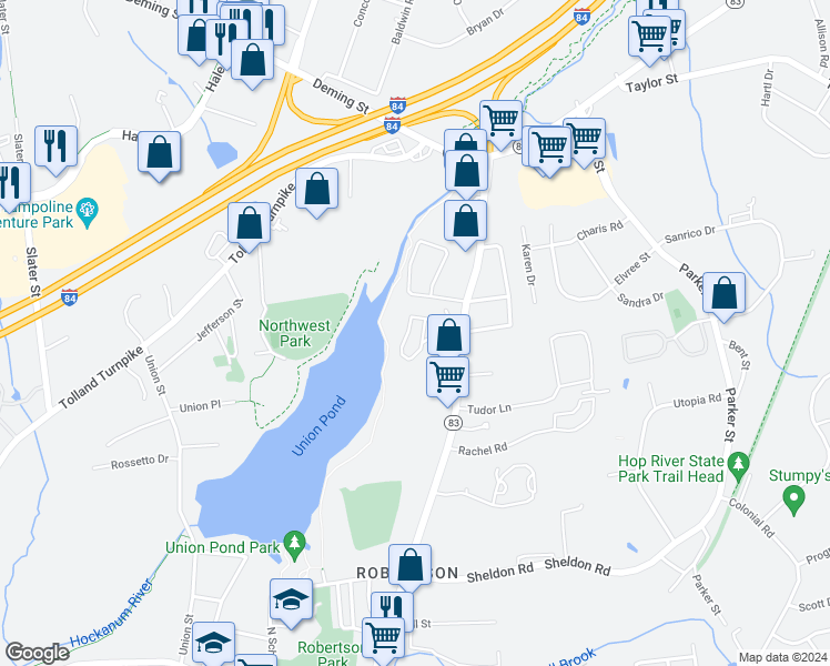 map of restaurants, bars, coffee shops, grocery stores, and more near 360 Oakland Street in Manchester