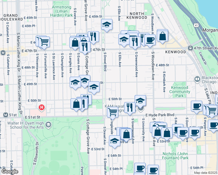 map of restaurants, bars, coffee shops, grocery stores, and more near 4935 South Drexel Boulevard in Chicago