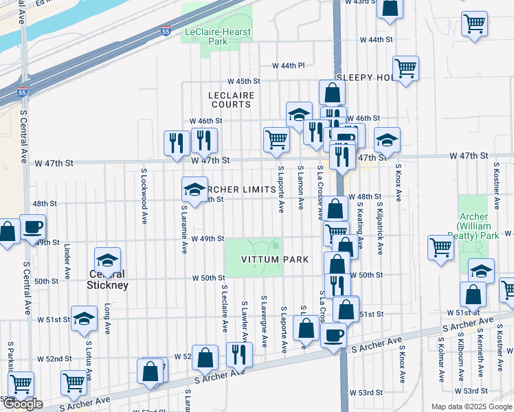 map of restaurants, bars, coffee shops, grocery stores, and more near 4822 South Lavergne Avenue in Chicago