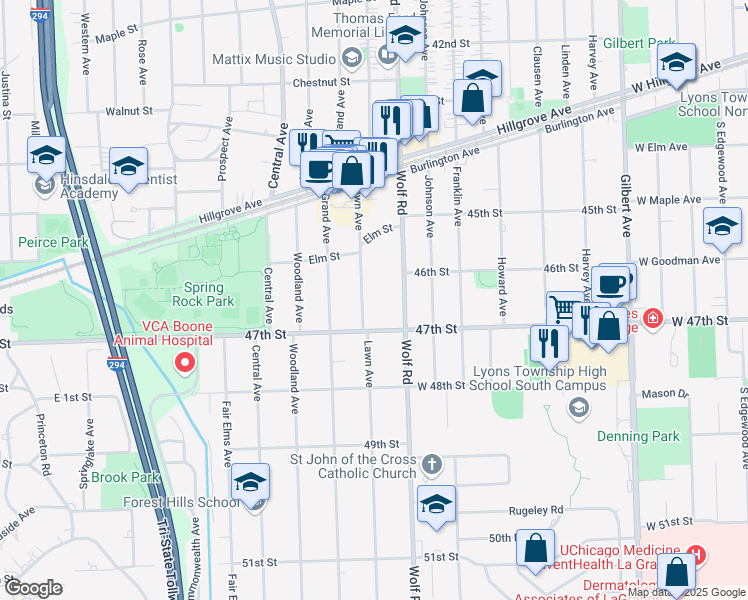 map of restaurants, bars, coffee shops, grocery stores, and more near 4635 Lawn Avenue in Western Springs