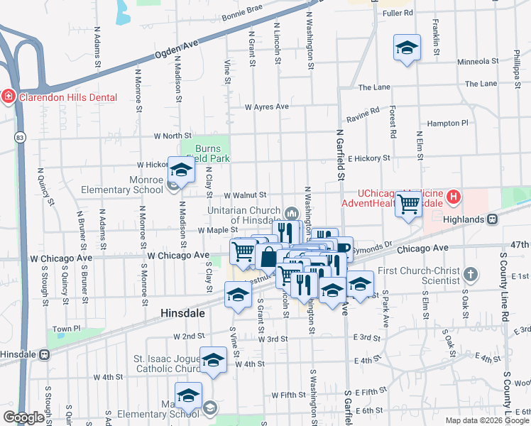 map of restaurants, bars, coffee shops, grocery stores, and more near 108 North Lincoln Street in Hinsdale