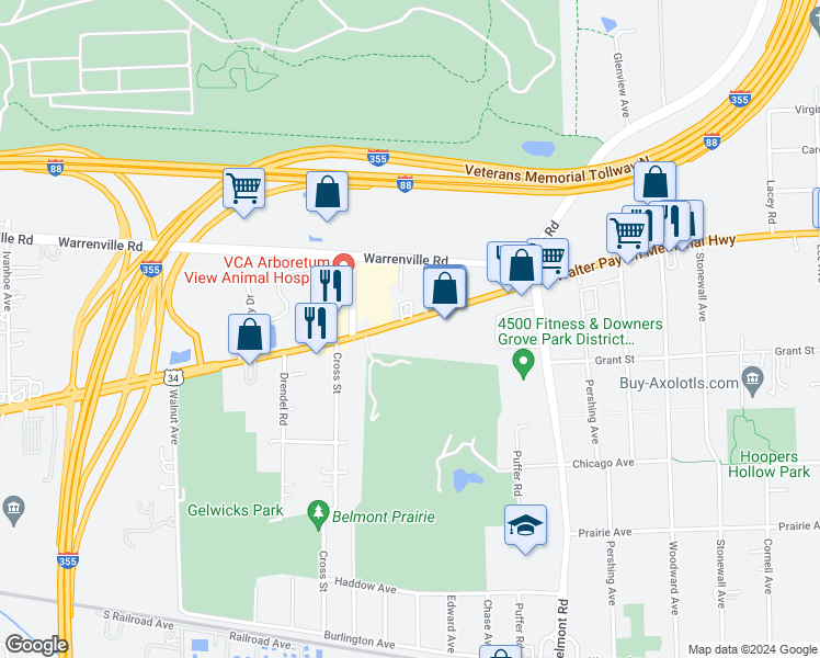 map of restaurants, bars, coffee shops, grocery stores, and more near 2423 Ogden Avenue in Downers Grove