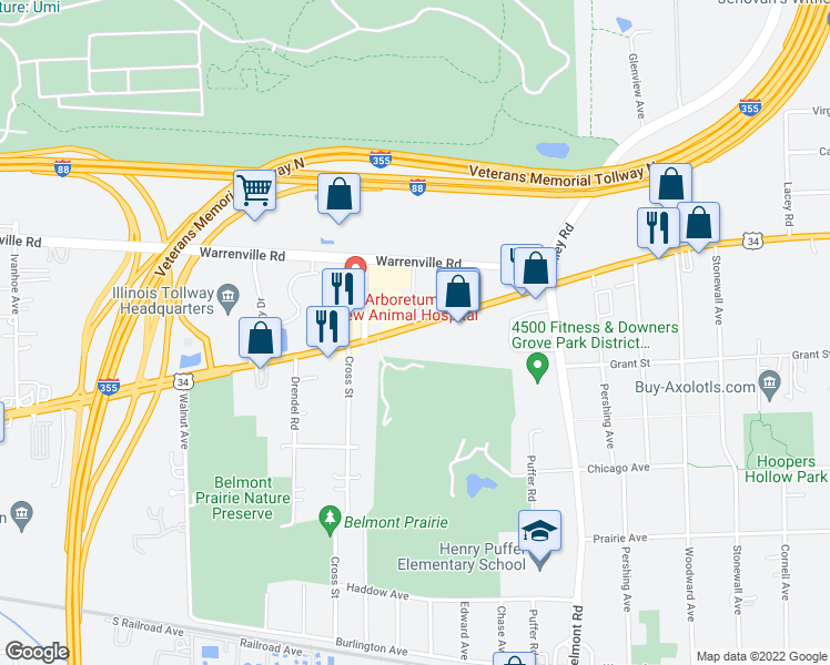map of restaurants, bars, coffee shops, grocery stores, and more near 2423 Ogden Avenue in Downers Grove