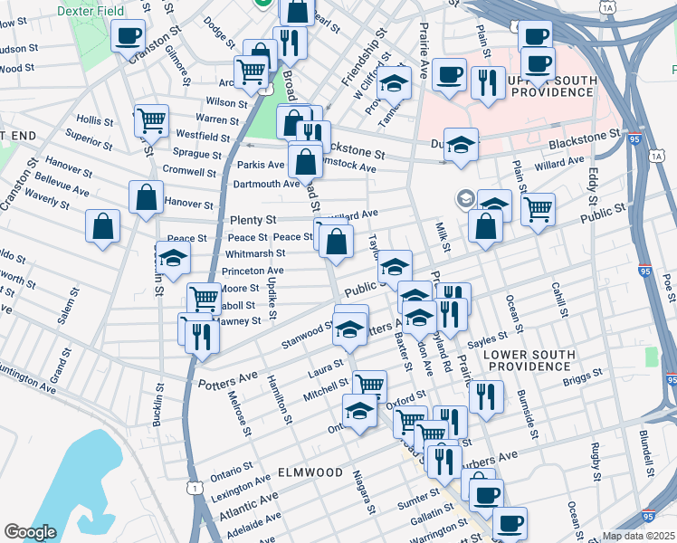 map of restaurants, bars, coffee shops, grocery stores, and more near 688 Broad Street in Providence