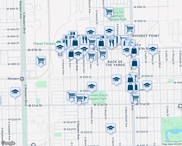 map of restaurants, bars, coffee shops, grocery stores, and more near South Wolcott Avenue in Chicago